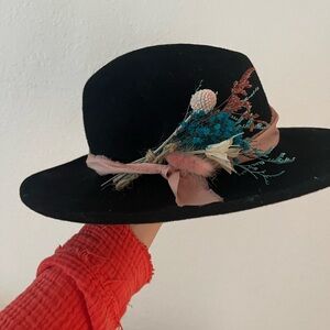 Fedora / Cowboy Black Hat with Pink Floral Accent